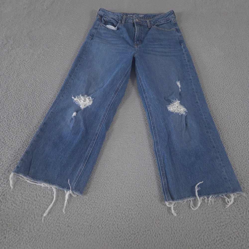 Old Navy Jeans Womens 10 Blue Sky-Hi Wide Leg Distressed Raw Hem High Waisted
